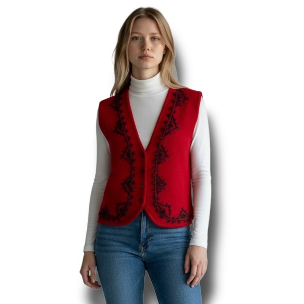 Koret Women’s Red Beaded Vest | VTG 90s Grandma Core Christmas Holiday Sweater L